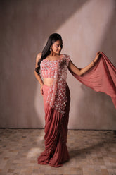 Pink Pre-Draped Saree with Embellished Corset Blouse | Ruffled Cocktail Sari